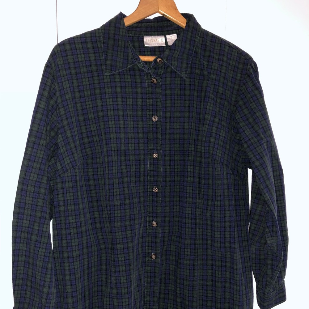 Elizabeth size 16 plaid button down tunic top